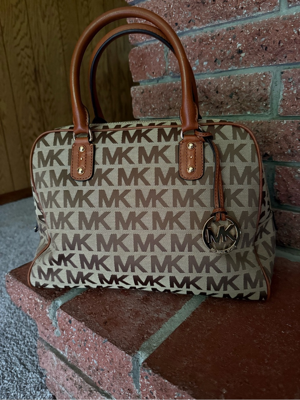 Michael Kors Beige and Brown MK Logo Dome Satchel
